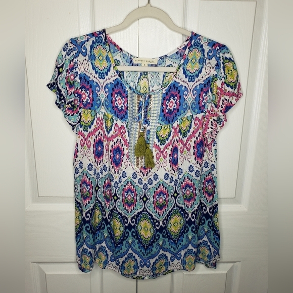 Farmers Market by One World Top S Ikat Tie Neck Popover Sequins Flutter Sleeves - Picture 5 of 13